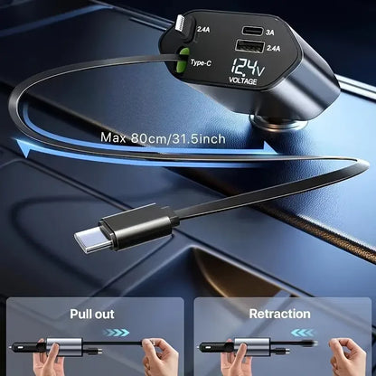 4 in 1 120W Car Charger Retractable Car Cigarette Lighter Adapter USB Type C Fast Charger Cable for IPhone Xiaomi POCO Samsung
