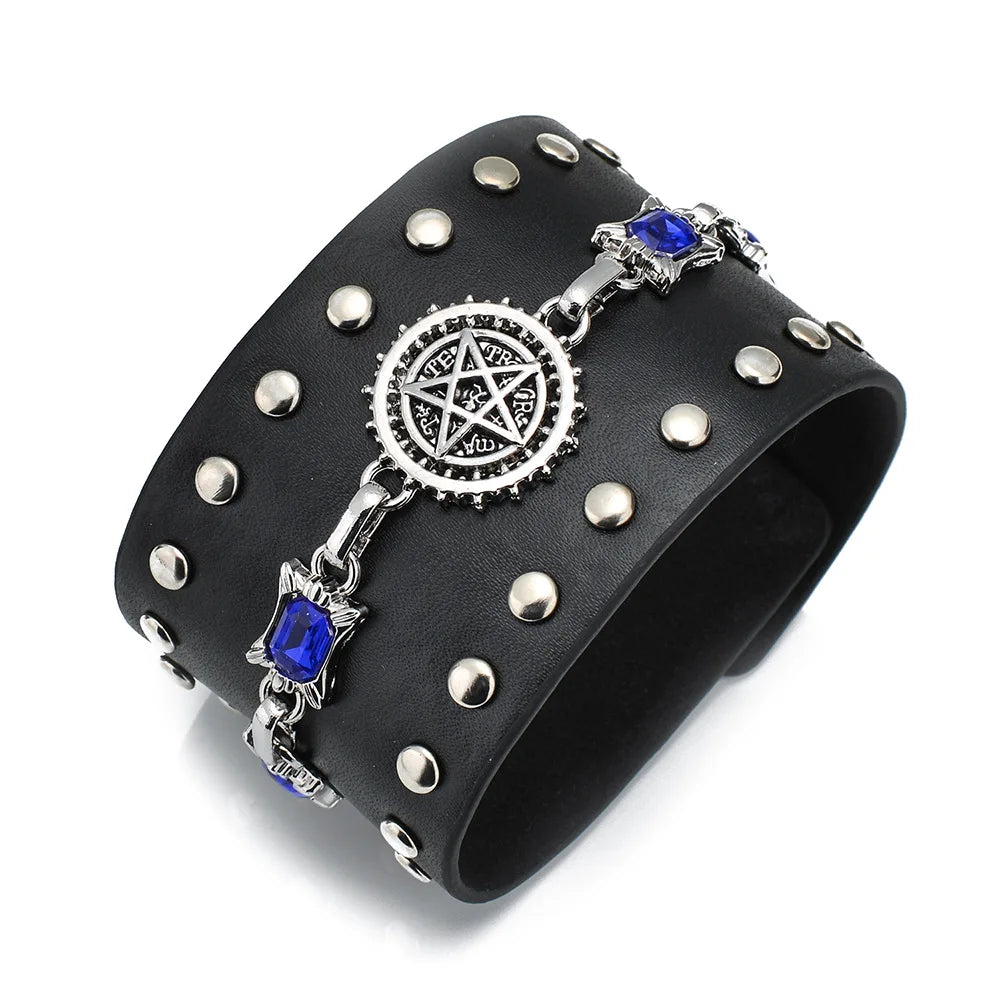leather punk bracelet Black PU Leather Bracelet For Women Men Vintage Punk Wide Bangles Jewelry