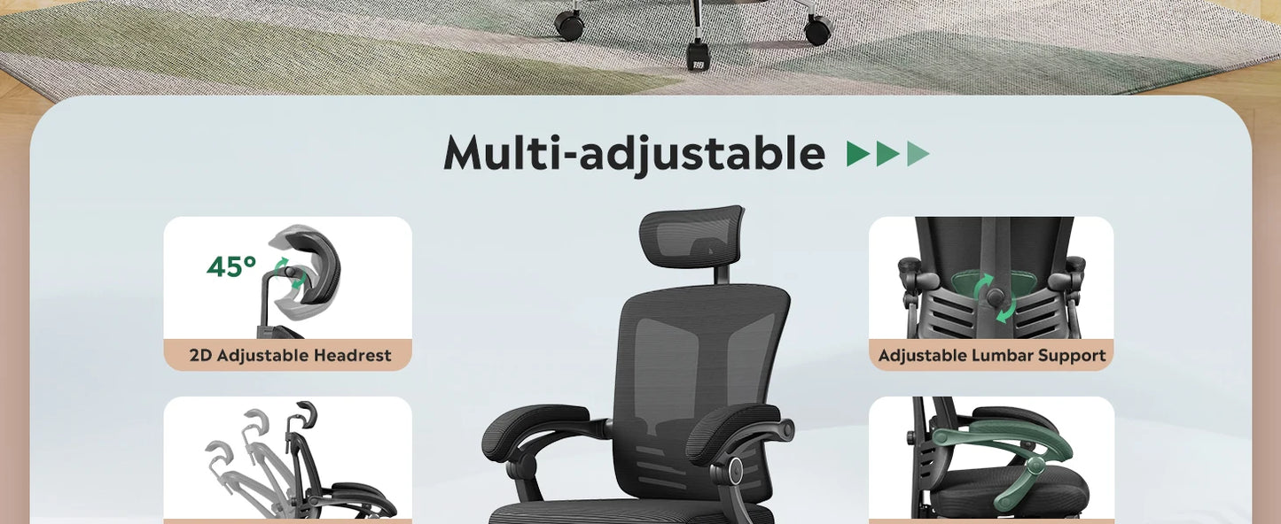 Ergonomic Mesh Office Desk Chair with Footrest, Comfrotable Big and Tall Reclining Computer Chair with Adjustable Lumbar