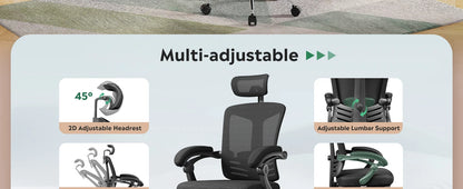 Ergonomic Mesh Office Desk Chair with Footrest, Comfrotable Big and Tall Reclining Computer Chair with Adjustable Lumbar