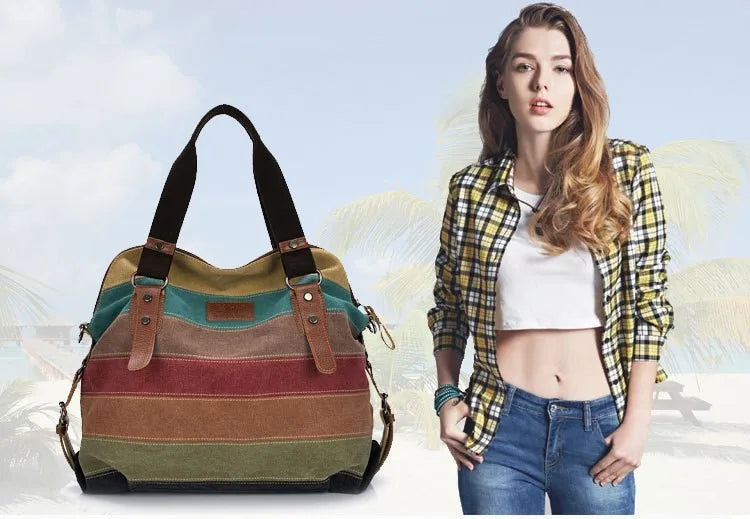 Canvas Totes Striped Womens Handbag 2021 Patchwork Rainbow Shoulder Bag Fashion Female Casual Crossbody Bag Sac A Main