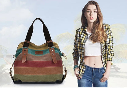 Canvas Totes Striped Womens Handbag 2021 Patchwork Rainbow Shoulder Bag Fashion Female Casual Crossbody Bag Sac A Main
