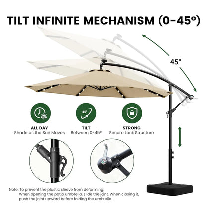 10ft Solar LED Patio Umbrella with Base, 32 LED Lighted Outdoor Offset Cantilever Umbrella with Sturdy 8 Rids, Customized
