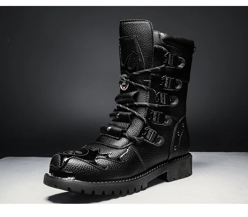 Men Motorcycle Boots Fashion Mid-Calf Punk Rock Punk PU Leather Black High Top Mens Casual Boot Steel Toe Shoes Big Size 38-46