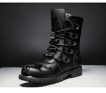 Men Motorcycle Boots Fashion Mid-Calf Punk Rock Punk PU Leather Black High Top Mens Casual Boot Steel Toe Shoes Big Size 38-46
