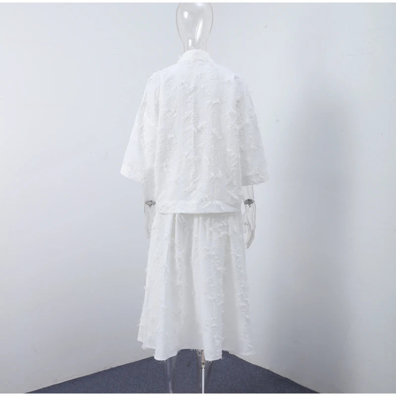 Elegant Fringe Skirts Sets 2 Pieces Women Lapel Buttons Long Sleeve Blouses Pleated A-line Long Skirts 2025 Summer Chic Outfits