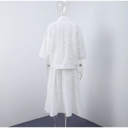 Elegant Fringe Skirts Sets 2 Pieces Women Lapel Buttons Long Sleeve Blouses Pleated A-line Long Skirts 2025 Summer Chic Outfits