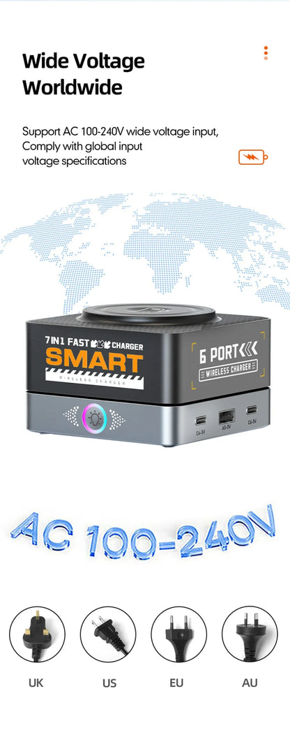 200W 7-in-1 Smart Charger PD Fast Charging USB Type C Power Station for iPhone 16 15 pro Max Multi-Device Charging Station