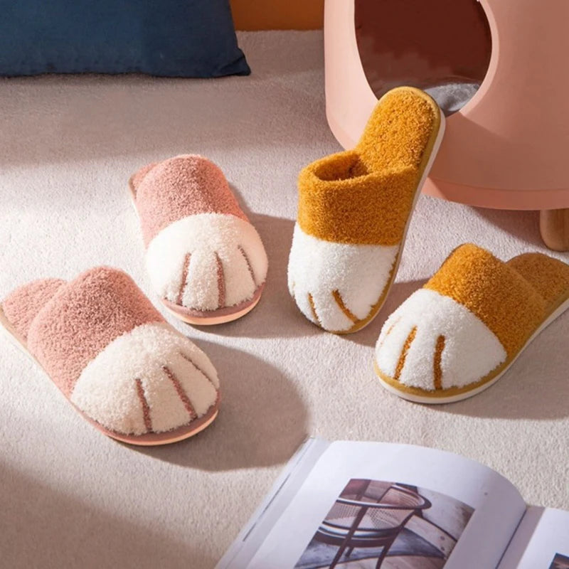 New Women's Winter Plush Slippers Cute Cat Paw Design Slippers Home Bedroom Indoor Shoes Men's Warm Comfortable Cotton Slippers