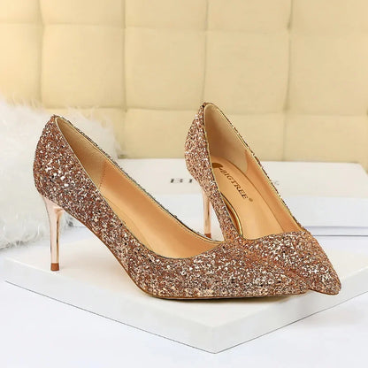 Women Luxury Bling Red  Blue Valentine Party Scarpins Pumps Lady Glitter Sequins 7cm 9.5cm High Heels Designer Shoes Plus Size