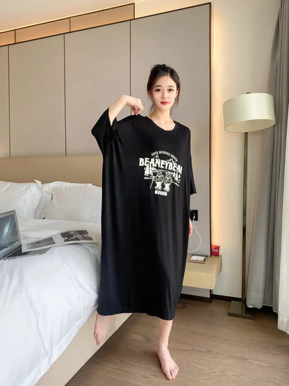New Casual Sleepwear Woman Night Dress Lounge Home Wear Clothes Printed Short Sleeve Female Nightgowns Cotton Loose Nightshirt
