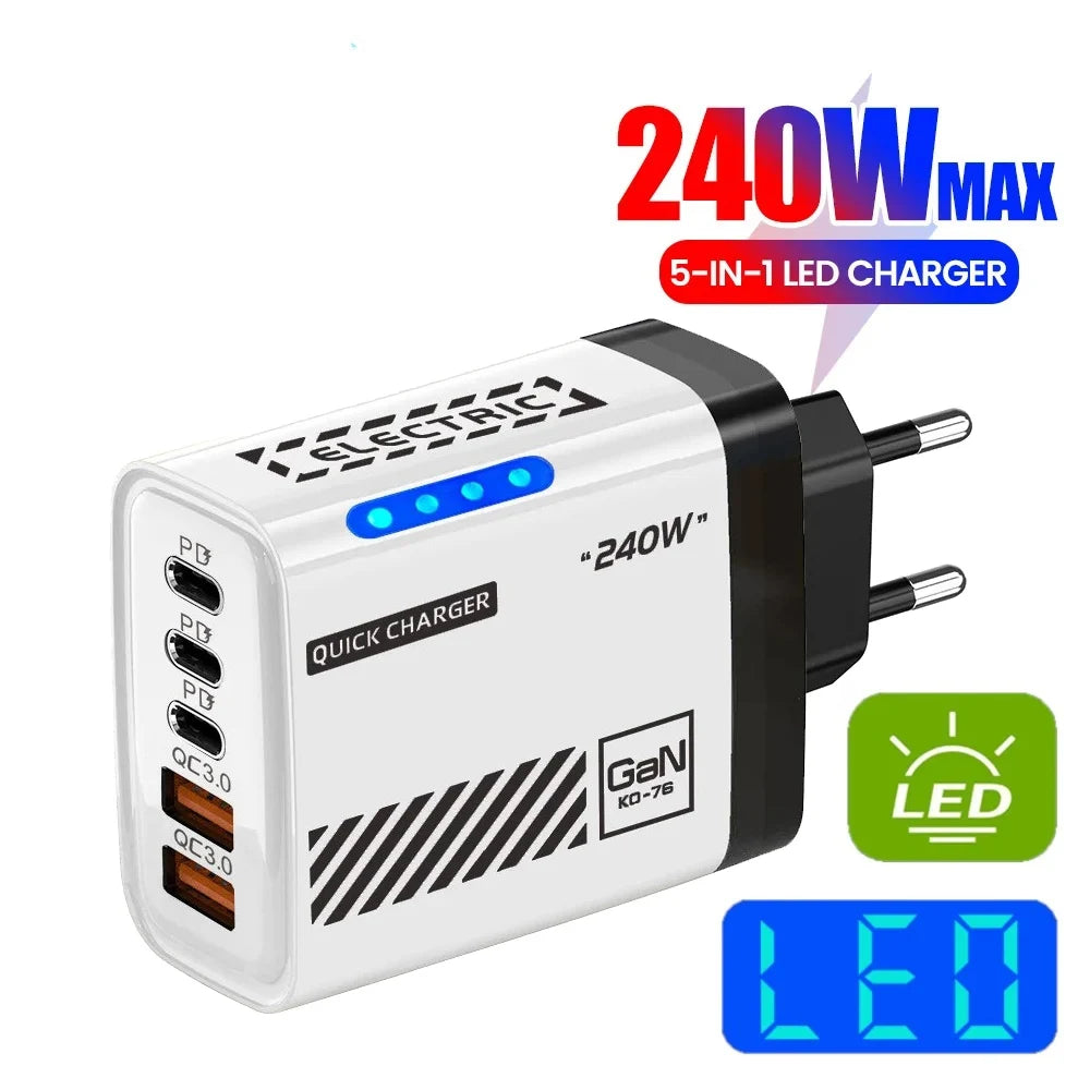 240W GaN Fast Charger 5 Ports 3USB C 2USB QC3.0 Quick Charge Plug Travel Wall Charger for iPhone Samsung Xiaomi Tablet EU/US/UK