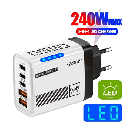 240W GaN Fast Charger 5 Ports 3USB C 2USB QC3.0 Quick Charge Plug Travel Wall Charger for iPhone Samsung Xiaomi Tablet EU/US/UK