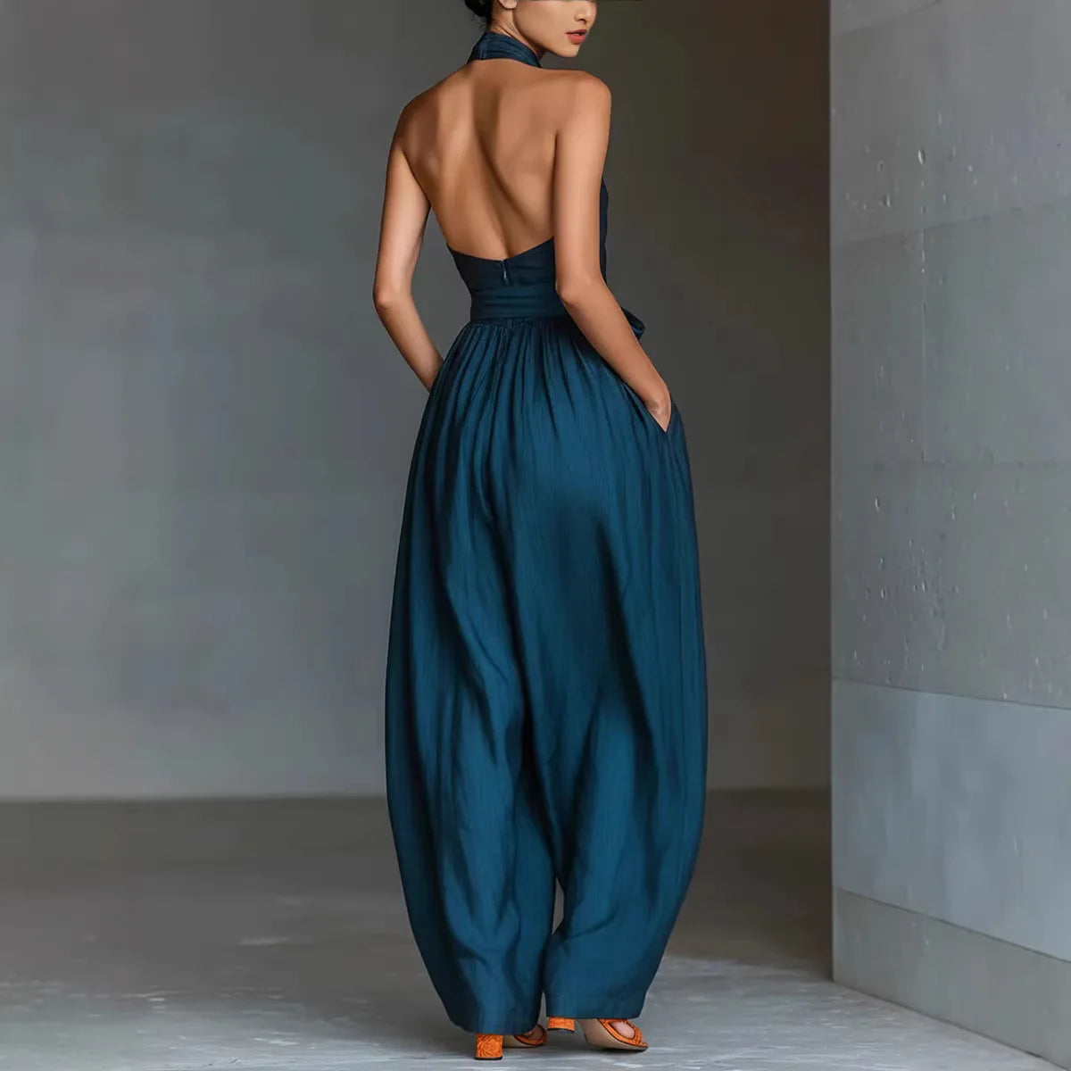 Chic High Waist Tie-up Wide Leg Pants Jumpsuit Women Sexy Criss Cross Halter Backless Zips Romper Summer Solid Office Overalls