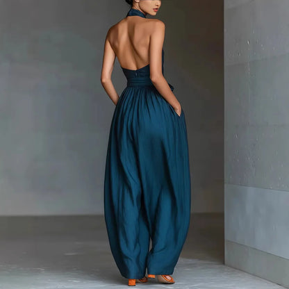 Chic High Waist Tie-up Wide Leg Pants Jumpsuit Women Sexy Criss Cross Halter Backless Zips Romper Summer Solid Office Overalls