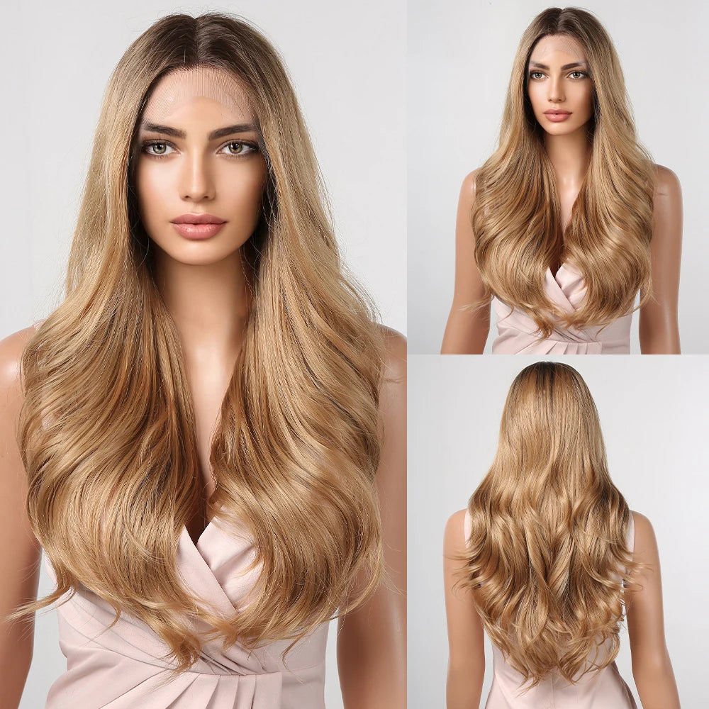 Long Wavy Transparent Lace Front Synthetic Wigs Brown Golden Ombre Lace Frontal Wig for Black Women Natural Cosplay Closure Hair