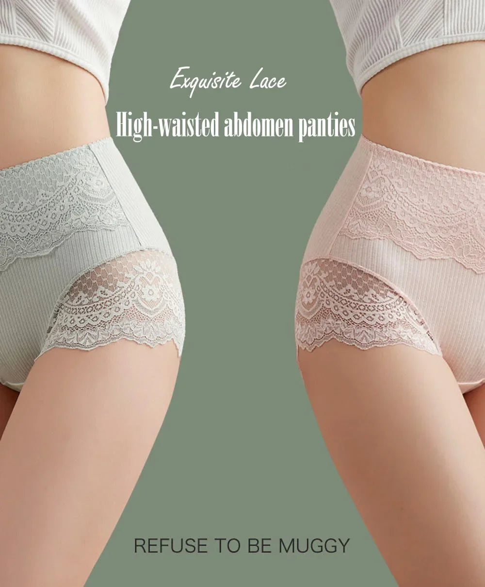New Women's Cotton Underwear High Waist Antibacterial Panties Sexy Lace Seamless Tummy Briefs Ladies Triangle Shorts Large Size