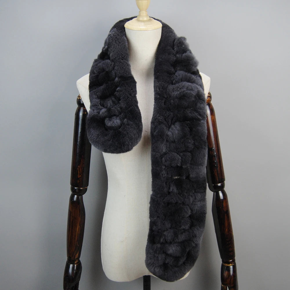 Winter Women Knitted Real Rex Rabbit Fur Scarf Natural Soft Long Style Rex Rabbit Fur Muffler Lady Warm 100% Genuine Fur Scarves