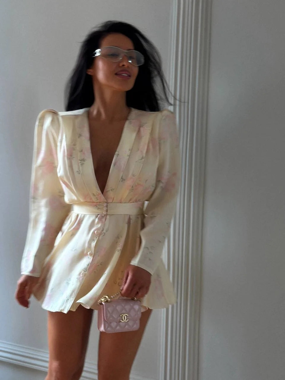 Sexy Deep V-neck Floral Printed  Long Sleeve Women Dress Fashion Waist-cinched Pleated Button-front Vestidos 2026 Daily Outfits