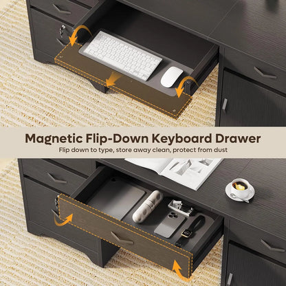 59” Office Desk with Lockable Drawers, Modern Computer Desk with File Drawer, Charging Station & Drop-Front, Customized