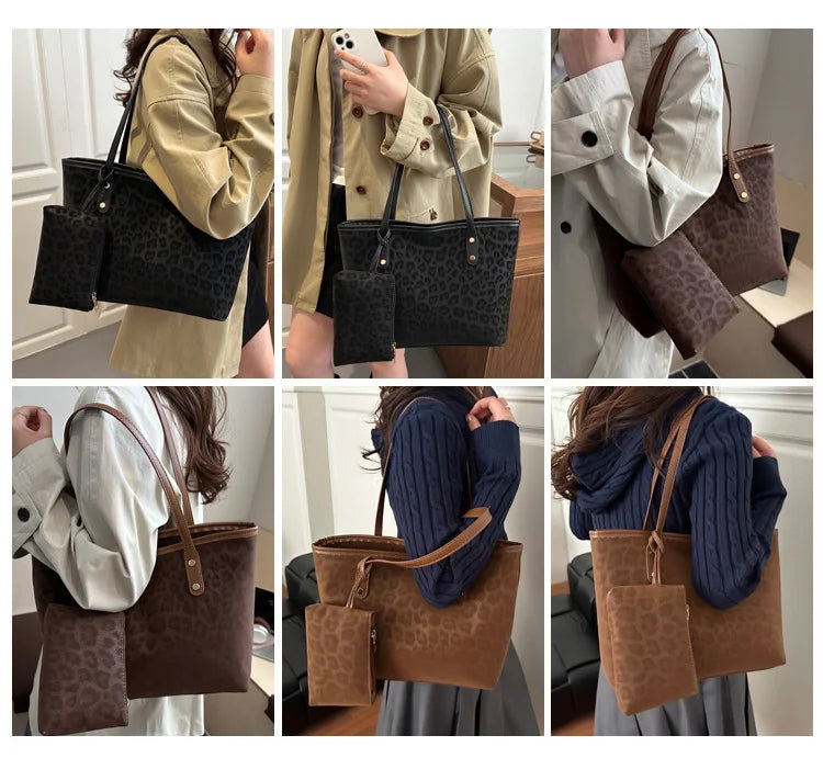 2pcs/set Leopard Print Women Shoulder Bag For Commuting, Daily Used, Casual Tote Bag Large Capacity Ladies Handbags And Purses