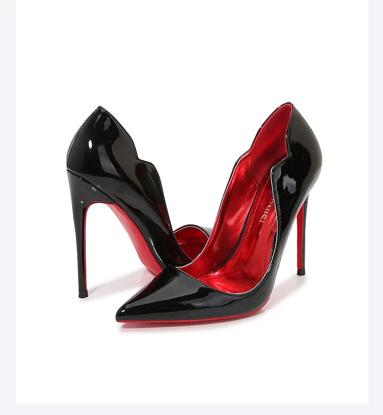 Black Curl Upper Women Patent PU Pointed Toe Stiletto 12cm High Heels Sexy Ladies Party Dress Shoes Club Dance Women Pumps