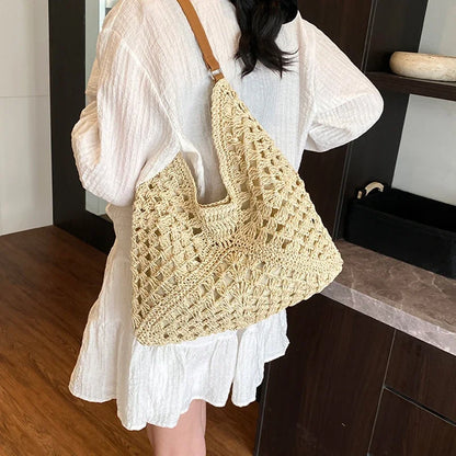 Ladies Knitted Straw Handbag Hollow out Hand Woven Beach Shoulder Bag for Women Seaside Tote Perfect for Vacations