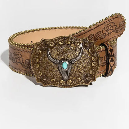 1ps Vintage Carved Gemstone Buckle, Leopard Floral Embossed Pearl Edge Waist Belt For Ladies Daily Wear