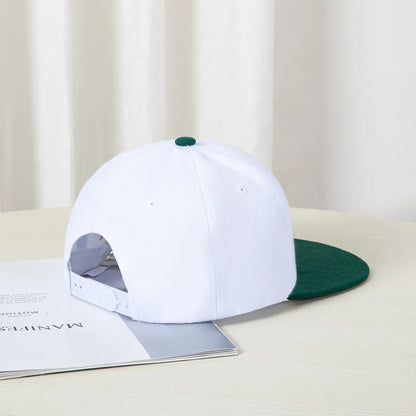 Hip-hop style baseball cap with a flat top, color patching, letter embroidery. Suitable for both women and men