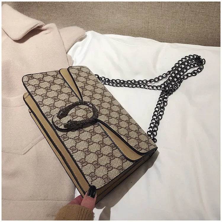 Fashionable Mini Printed Chain Women's Bag Crossbody Shoulder Bag Soft PU Leather Square Shape Bag with Phone Pocket