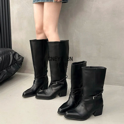 New Women Square Toe Cross Strap Buckle Knee High Boots Leather Chunky Heel Vintage Tall Boots Ladies Daily Commute Botas Mujer