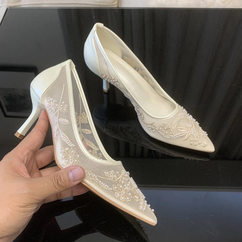 Pointed Toe Mesh Embroider High Heels for ladies Elegant String Bead pumps Sexy Luxury Designer Shoe Party Wedding Heeled Sandal