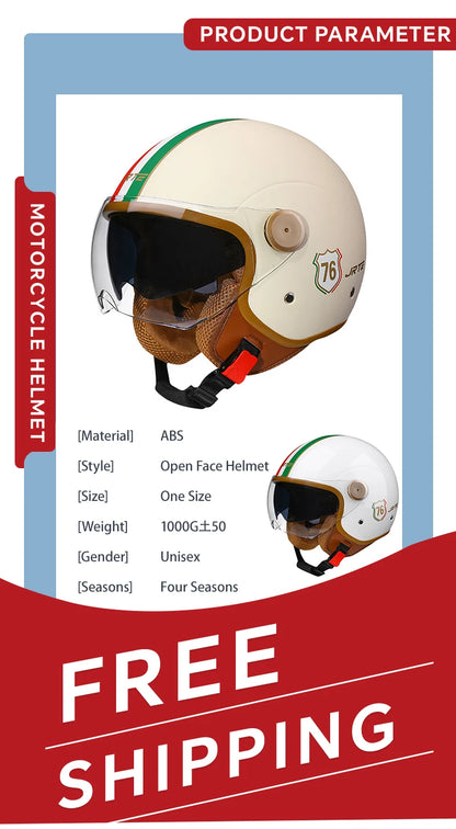 Open Face Motorcycle Helmets Biker 3/4 Open Face Helmet Men Women Retro Electric Scooter ABS Shell Moto Jet Helmet DOT Approved
