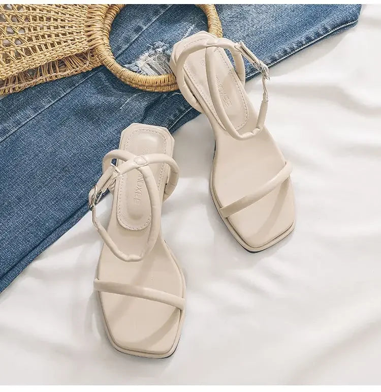 Fashion Womens Shoes 2024 Female Sandal Buckle Mid-Calf Strap Med Block Heels Luxury Peep Girls Beige Medium Chunky Sandals
