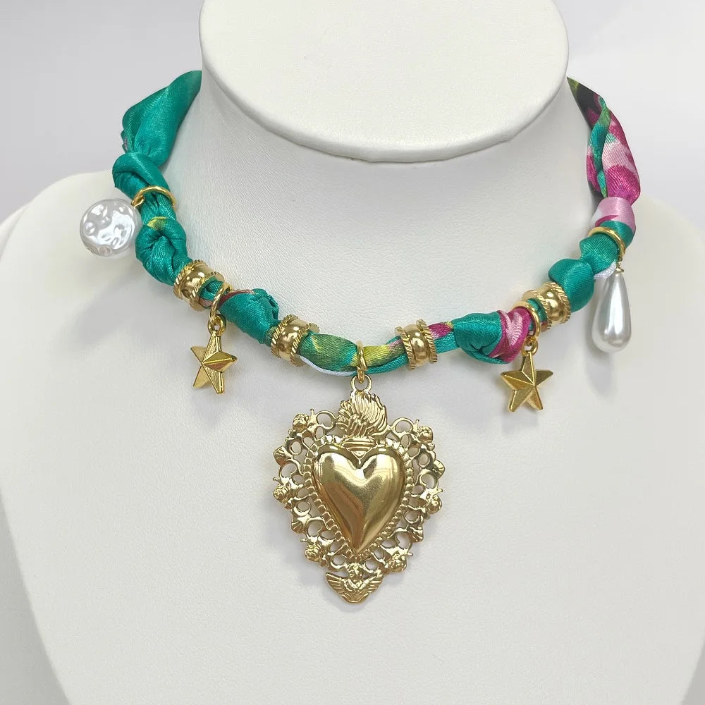 Women’s Fashion Scarf Necklace with Large Stainless Steel Heart Pendant Stackable Bandana Jewelry