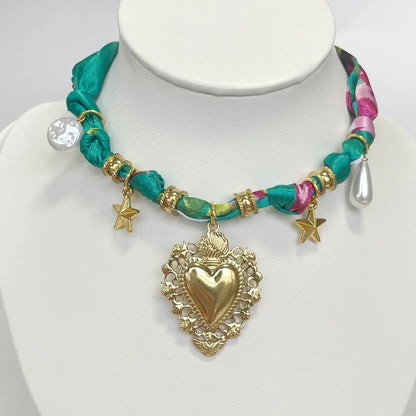 Women’s Fashion Scarf Necklace with Large Stainless Steel Heart Pendant Stackable Bandana Jewelry