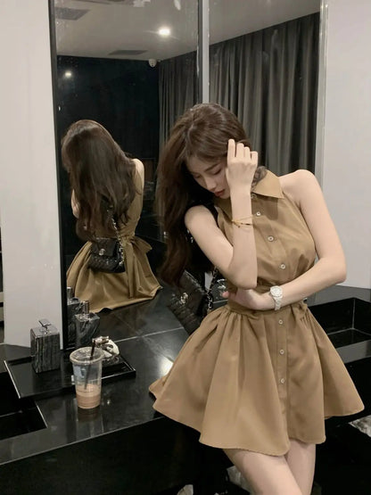 Sleeveless Dresses Women Bow Lace-up Turn-down Collar Mini High Street A-line Hotsweet Partywear Korean Fashion Vestidos Ins