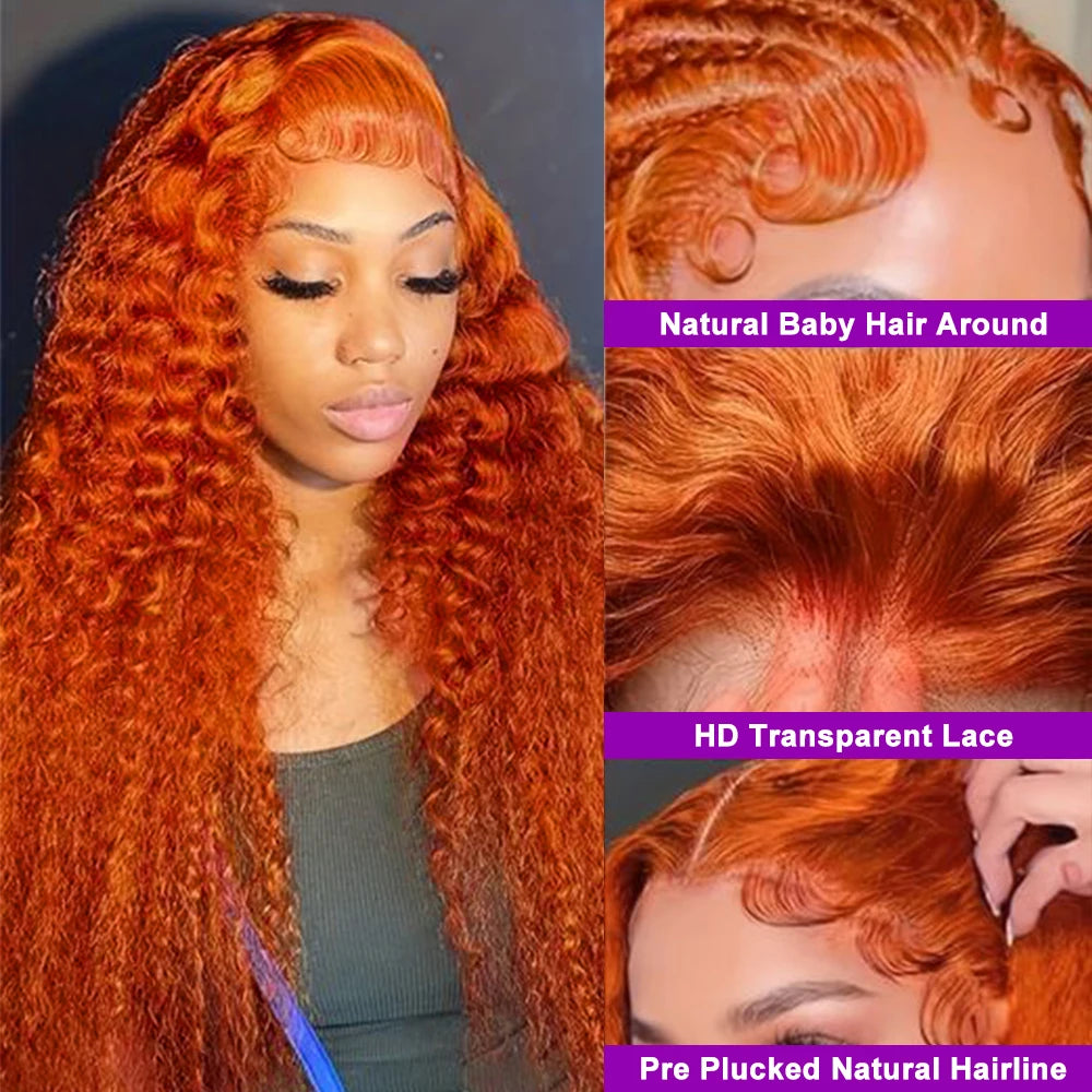 Curly Orange Ginger Lace Front Human Hair Wigs13x4 13x6 Hd Lace Front Human Hair Wig For Women 36inch Deep Wave Frontal Wig