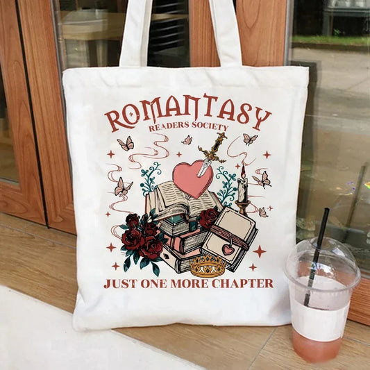 Romantasy Book Tote Bag Canvas Tote Bag  Shoulder Bag with Makeup Bag Literary School Handbag Casual Bags