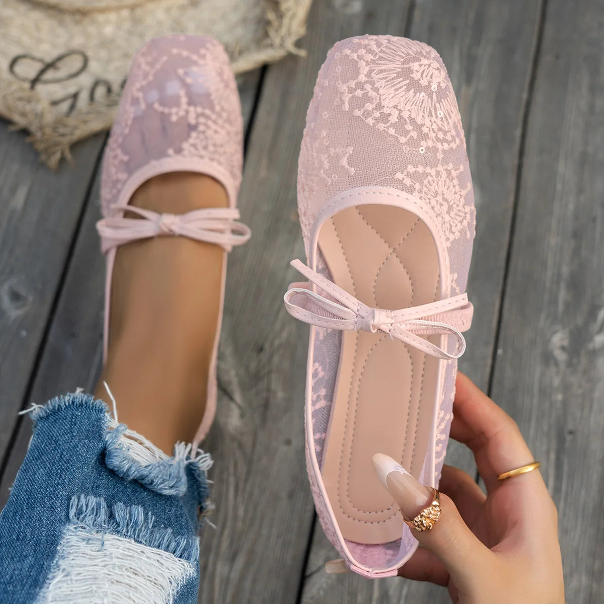 Plus Size 43 Women Fashion Ballet Flats Breathable Laces Square Toe Spring Summer Flat Shoes For Female Daily Walking Loafers