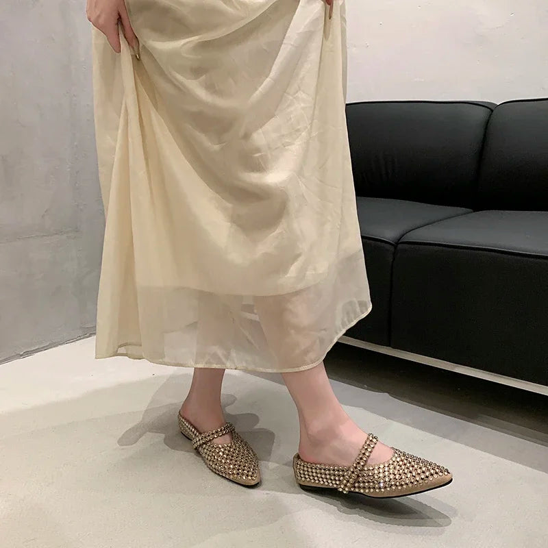 Crystal Women's Pointed Toe Slippers Luxury Flats Sandals Casual Mules Shoes Cozy New Trend Slides Fashion Dress Mujer Zapatos