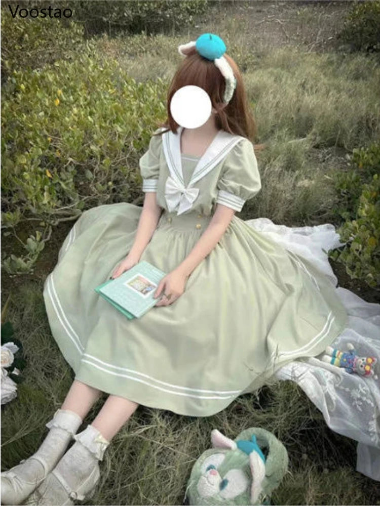 Japanese Soft Sister Cute Lolita Dress Women Sweet Puff Sleeve Slim Student Dresses Party Retro Girls Bow Salior Collar Vestidos