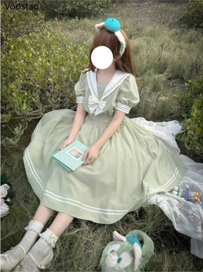 Japanese Soft Sister Cute Lolita Dress Women Sweet Puff Sleeve Slim Student Dresses Party Retro Girls Bow Salior Collar Vestidos
