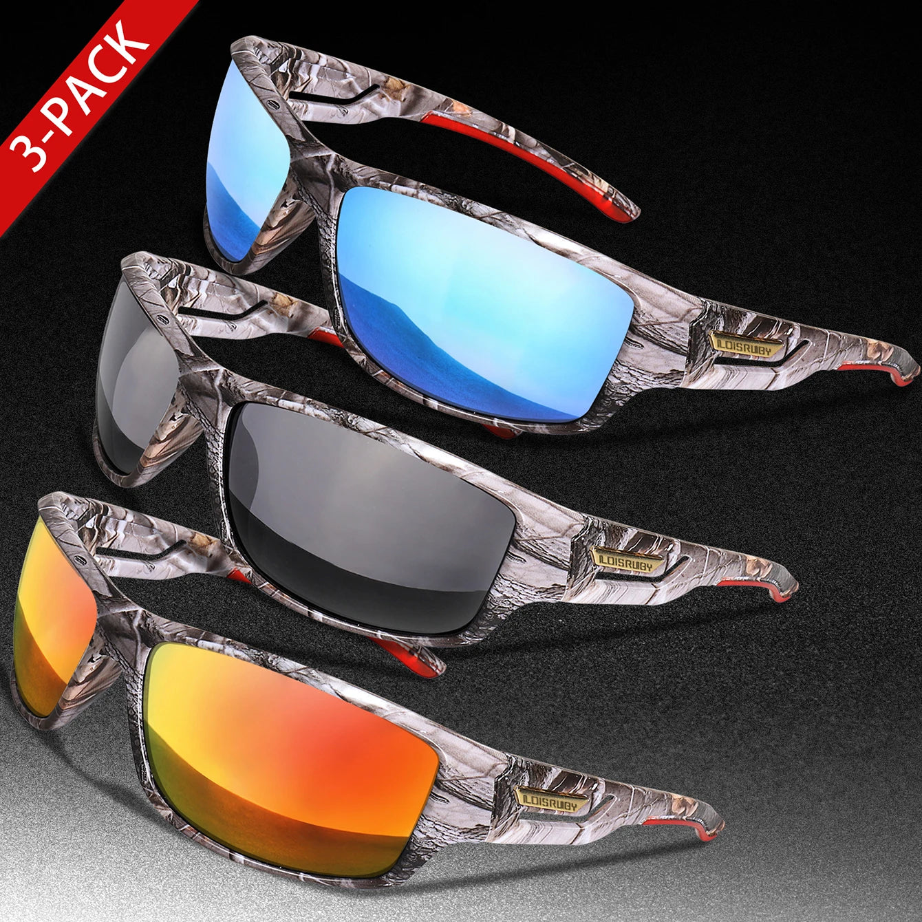 3 Pairs Polarized Fishing Sunglasses Men Camo Military Style UV400 For Cycling Riding, Running, Fishing And Driving