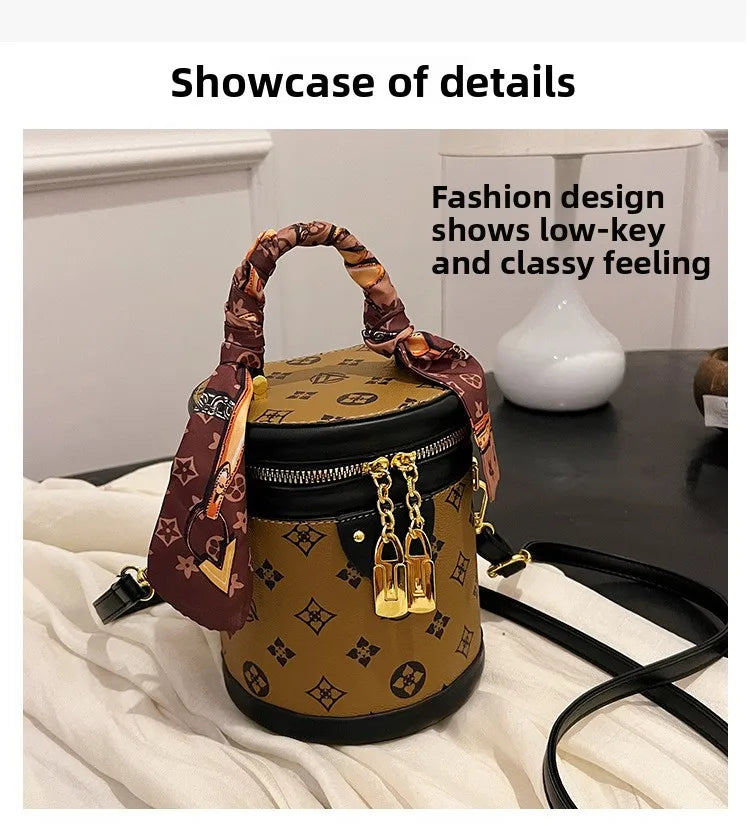 Stylish Printed Bucket Bag with Scarf Detachable Strap Shoulder Crossbody Bag for Women