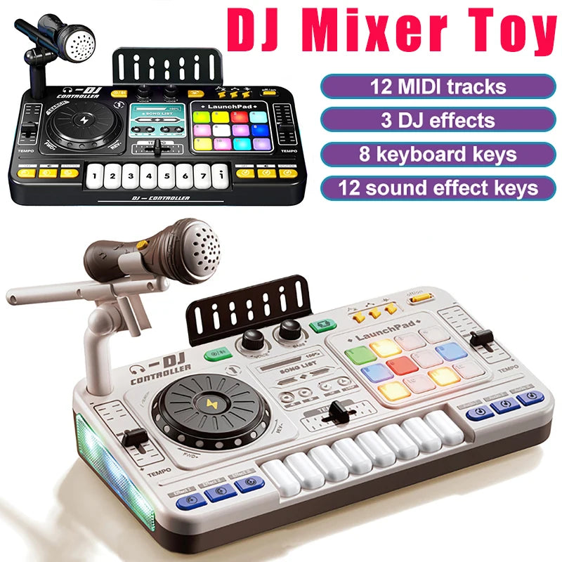 Kids Simulation DJ Mixer Controller Toy Multifunctional Music Effects Electronic Learning Game Birthday Gift for Children Mixers