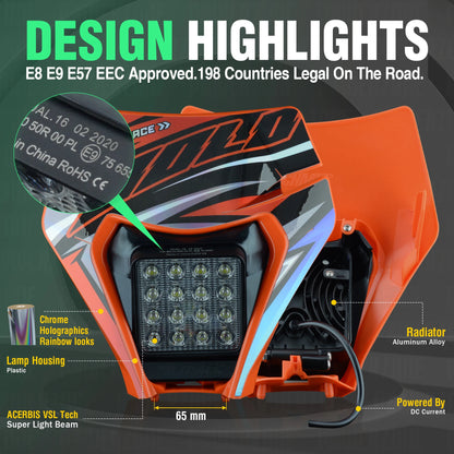 PowerZone Motorcycle LED Headlight Headlamp Head Lights Supermoto Fairing For KTM EXC SXF MX Dirt Bike Enduro LED Headlight