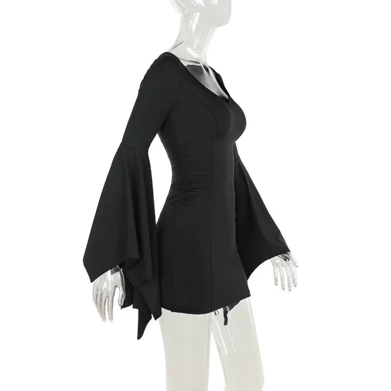 Goth Dark Cospaly Partywear Women Fashion Batwing Sleeve Mini Dress Elegant Slim Pleat Bodycon Dresses Mall Gothic Alt Teachwear