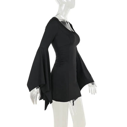 Goth Dark Cospaly Partywear Women Fashion Batwing Sleeve Mini Dress Elegant Slim Pleat Bodycon Dresses Mall Gothic Alt Teachwear