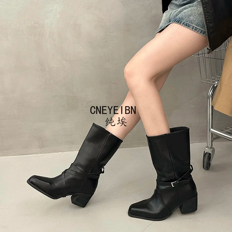 New Women Square Toe Cross Strap Buckle Knee High Boots Leather Chunky Heel Vintage Tall Boots Ladies Daily Commute Botas Mujer